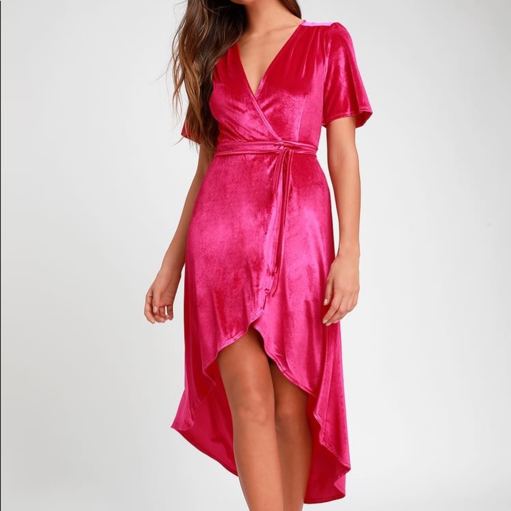 Hot Pink Velvet High-Low Wrap Dress